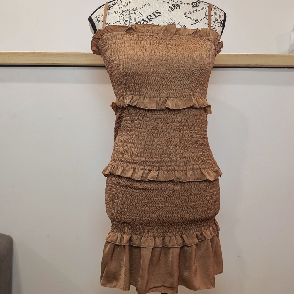 MABLE | Women's Bronze Smocked Ruffled Satin Spaghetti Strap Mini Dress